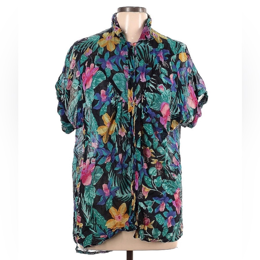 Vintage 80s 90s Gitano Semi-Sheer Floral Short Sleeve Shirt Top Blouse Tropical